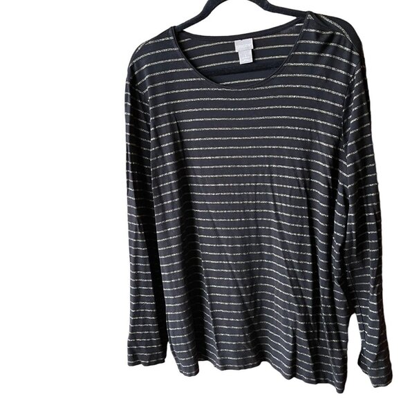 CHICO'S Gold Metallic Pinstripe on Black Comfy Long Sleeve Round Neck Te… - Picture 1 of 7